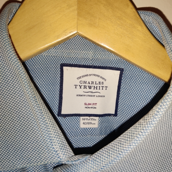 Charles Tyrwhitt Men’s Non-Iron Slim Fit Chevron Dress Shirt Blue 16 - 1/2 - 35" - Picture 2 of 3